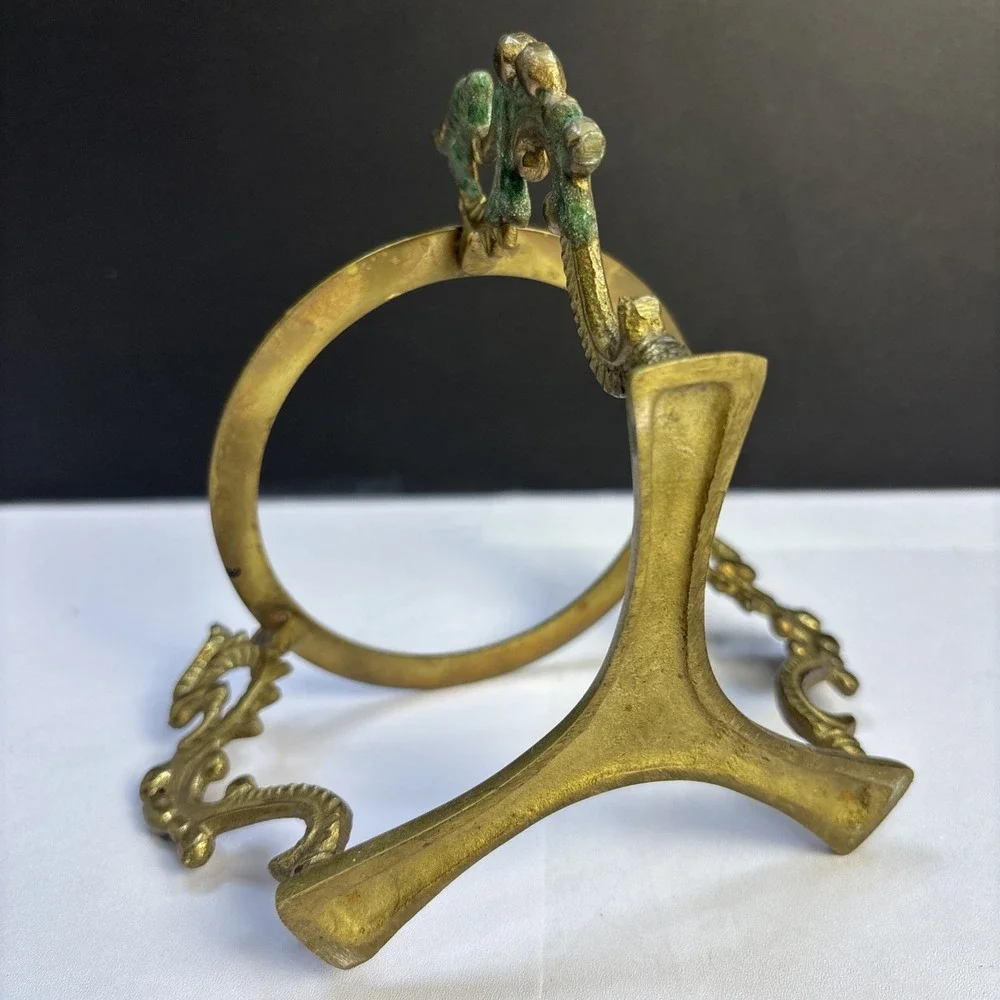 MCM Three Dragon Brass Etched Stand With Glass‎ Candle Holder Tripod India 7